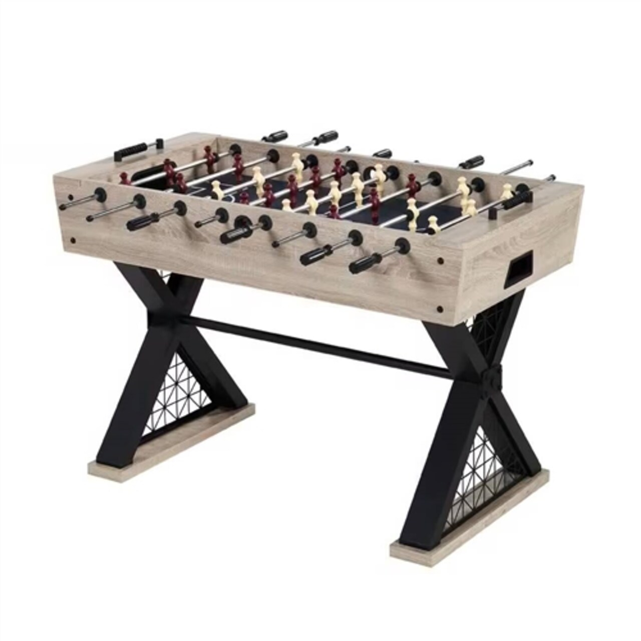 Oak and Black Metal 48” X-Leg Industrial Foosball Table with Smooth Playfield